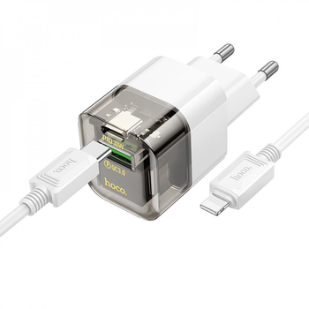 Адаптер сетевой HOCO C131A dual-port 1USB 1Type-C 30W/3A PD QC быстрая зарядка + кабель Type-C to Lighting 1м