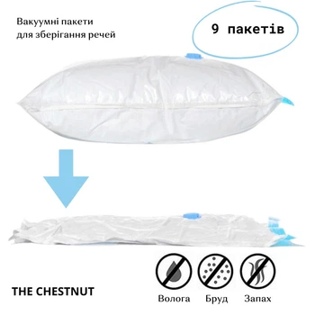 Вакуумні пакети для подорожей The Chestnut (9 штук), з клапаном для пилососа. Прозорі, багаторазові пакети для зберігання одягу, рушників, наволочок