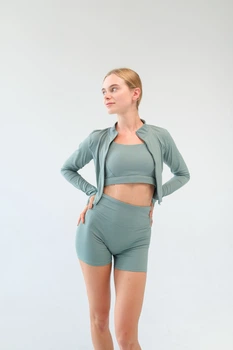 Жіночий комплект для спорту Soft, midnight green (топ, шорти, кофта на застібку) - XL