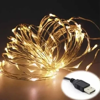 Гирлянда праздничная от батареек и USB-цвет тепло белый 100 Led 10m на медной проволоке (Капля росы) для нового года, для праздника