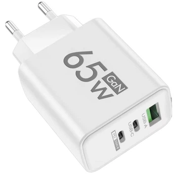 Сетевое зарядное устройство для телефона PM-1A2C GaN три порта USB A+2 USB Type-C - max 33w суммарная мощность 65W White