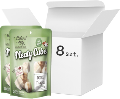 Opakowanie mokrej karmy Pettric Natural Kitty Meaty Cube z tilapią 8 x 60 g (4712937602320)