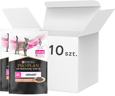 Opakowanie mokrej karmy dla kotów Purina Pro Plan Veterinary Diets UR Urinary z łososiem 10 x 85 g (8445290093851)