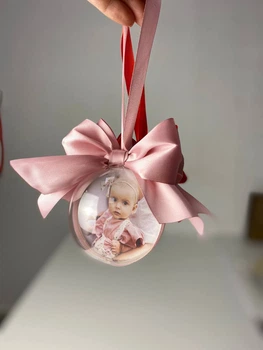 Новорічна ялинкова прикраса Кулька з фото 8 см з рожевими стрічками HeyBaby