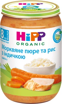 Овочево-м'ясне пюре HiPP Рис з морквою та органічною індичкою з 8 місяців 220 г (9062300108696_9062300134435_1/9062300134398)