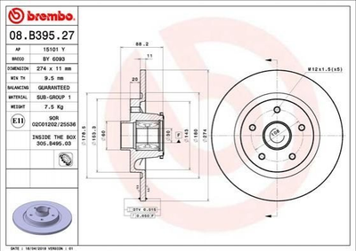 Тормозные диски BREMBO 08B39527 Renault Kangoo 432023939R, 432004327R, 402024076R