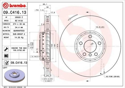 Тормозные диски BREMBO 09C41613 BMW 7 Series, 5 Series 34116783777, 34116789543