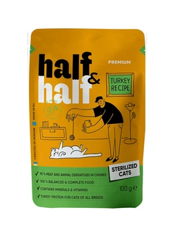 Корм вологий Half&Half для стерилізованих котів, шматочки з індичкою в желе у формі пауча 22 шт х 100 г