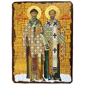 Икона Николай Чудотворец и Спиридон Тримифунтский ,икона на дереве 130х170 мм (2021-1)