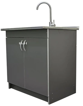 Мойка с тумбой 8060 двойная люкс титан + Смеситель из нержавеющей стали AquaMill ARCO