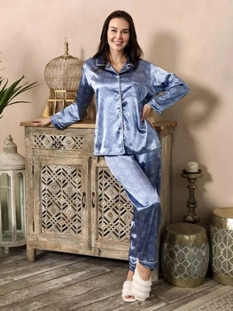 Атласна брючна піжама в класичному стилі "Romantic Collection", Блакитний, М