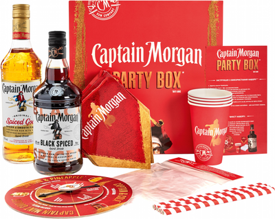 Набір рому Captain Morgan Party Box з наповненням Ромовий напій Captain Morgan Spiced Gold 0.7 л 35% + Ромовий напій Captain Morgan Spiced Black 0.7 л 40% (4820178651059)