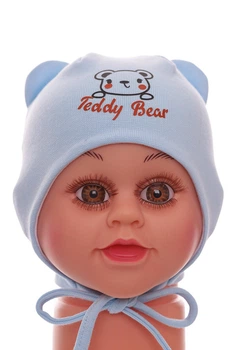 Шапка на завязках для мальчика двойной трикотаж Teddy Bear голубая 1м+ (50978)