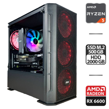 Сборка под заказ: компьютер 2E Gaming PC Case Calleo GB700 Tower / AMD Ryzen 5 3600 (6 (12) ядер по 3.6 - 4.2 GHz) / 16 GB DDR4 / 500 GB SSD M.2 + 2000 GB HDD / AMD Radeon RX 6600, 8 GB GDDR6, 128-bit / 650W