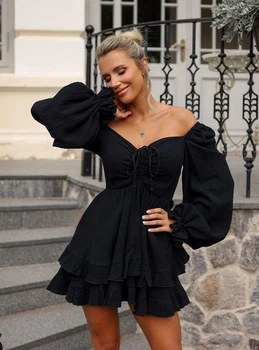 Платье с двойной юбкой черное жатка One size (XS, S, M, L, XL) VIGGI 01681