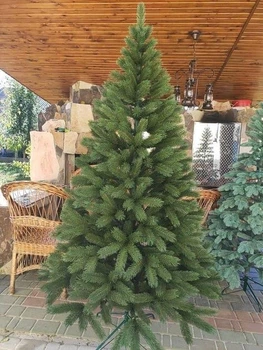 Штучна лита новорічна ялинка Буковельська 1.50 м з нешкідливого вогнетривкого матеріалу діаметром 100см 15 рядів складна ялинка з підставкою Зелений