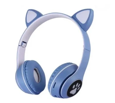 Безпроводные Bluetooth Наушники Котик с ушками лапками и микрофоном светящиеся Синие