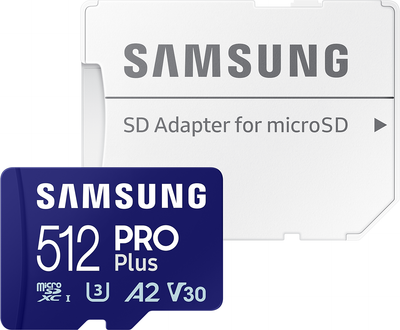 Карта памяти Samsung PRO Plus microSDXC 512GB C10 UHS-I U3 V30 A2 + SD адаптер (MB-MD512SA/EU)