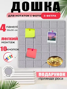 Доска для заметок фотографий и заметок из фетра 30x30 см с кнопками и герляндой роса (88070sk)