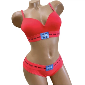 Комплект белья PINK Victoria’s Secret Wireless Push Up Bra Cotton Thong 75B Красный