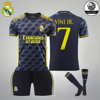 Комплект футбольна форма дитяча Lion Real Madrid VINI JN. (ВІнісіус Жуніор) 7, з гетрами (розмір 34-38), розмір 30 розмір, ріст 150-160 см, чорний з жовтим (FS-RM-VN-BY-30)