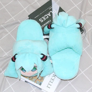 Тапочки кигуруми игрушки для мальчика Детские Kigurumi Тапочки Хацуне Мику Теплые Тканевые Бирюзовые 35-41