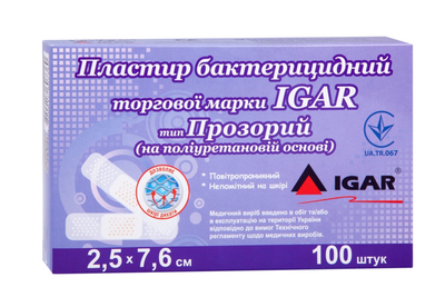 Пластир бактерицидний IGAR Прозорий (на поліуретановій основі) 2,5 × 7,6 см (100шт/уп)