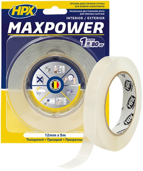 Лента двухсторонняя акриловая HPX Maxpower 12 мм х 5 м Прозрачная (HT1205)