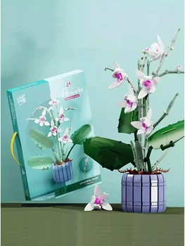 Конструктор великий 41 см Орхідея з п'ятьма бутонами 728 деталей Flowers Bouquet , конструктор для інтер'єру Орхідея в коробці 40х33см