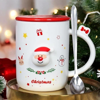 Новогодняя чашка с крышкой и ложкой "Санта", 360мл, керамика, Белый Сhristmas