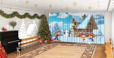 Новогодние Фото Шторы в детский сад PHOTODECOR "Зимняя детская прогулка"