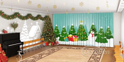 Новорічні Фото Штори в дитячий сад PHOTODECOR "Ялинки та сніговик з подарунками"