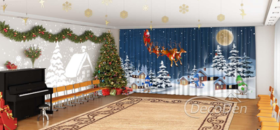 Новорічні Фото Штори в дитячий сад PHOTODECOR "Святий Миколай, сніговики та будиночки при місяці"