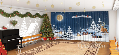 Новогодние Фото Шторы в детский сад PHOTODECOR "Зимние домики при луне"