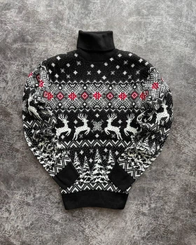 Мужской новогодний свитер с оленями "Christmas deer" Чёрный, под шею, размер L