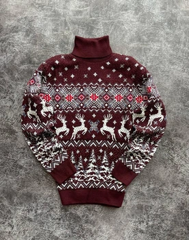 Мужской новогодний свитер с оленями "Christmas deer" Бордовый, под шею, размер M