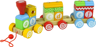 Klocki drewniane Leantoys Wooden Train Locomotive Two Carriages Letters Shapes 18 elementów (5904204752923)