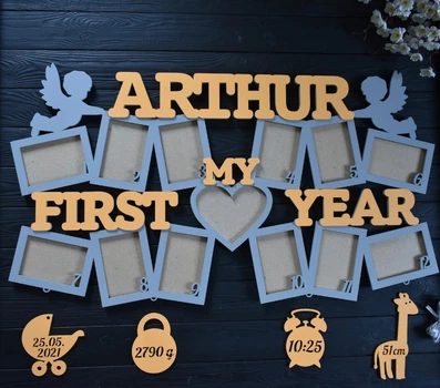 Детская фоторамка - метрика "My first year" на 13 рамок. Мой первый годик, под заказ (ДГ0131)