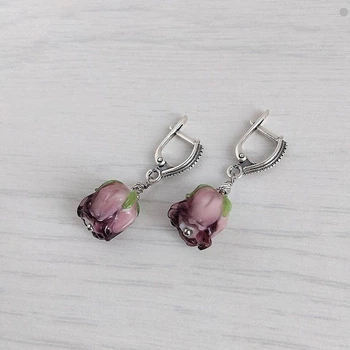 Серьги Hand Made черненные с подвесками из муранского стекла в форме розы