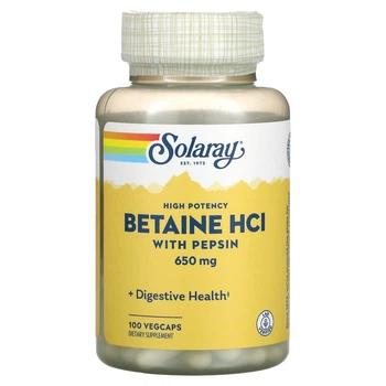 Бетаїн гідрохлорид 650 мг із пепсином Solaray Betaine HCL with Pepsin для збільшення кислотності шлунка 100 вегетаріанських капсул