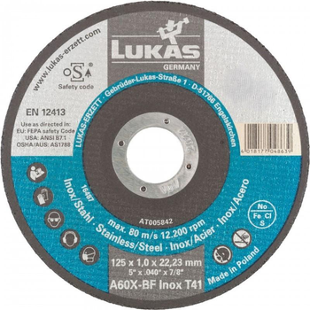 Круг отрезной Lukas 125x1,0x22.23 A60X-BF Inox