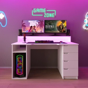 Стіл комп'ютерний ігровий Майнкрафт Люкс з RGB підсвіткою Білий L=1600мм (арт.SKRZ1000-117)