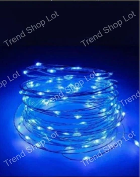 Светодиодная новогодняя USB гирлянда роса 100 LED 10м на медной проволоке от батареек Синий