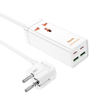 Мережевий фільтр-подовжувач Hoco AC10A (розетка, 2USB, 2USB-С, 2500W, 10 А, 1.5м, PD/QC 65W, Перетин 3х0,75мм, адаптер, швидка зарядка) - білий