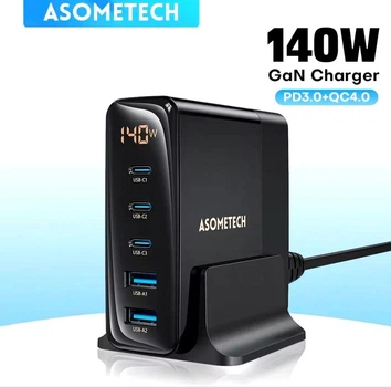 Настільний USB зарядний пристрій хаб 5в1 ASOMETECH 140W GaN (3*USB Type-C, 2*USB Type-A, швидка зарядка, LED дисплей)