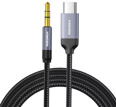Аудио-переходник Type-C to AUX Mini-Jack 3.5 mm Rocoren для Android устройств Xiaomi, Meizu, Samsung, Huawei, Oppo, Vivo, LG iOS устройств iPhone 15/15 Pro/15 Plus/15 Pro Max16/16 Plus/16 Pro Max 1М Кабель Аукс на Тайп-С ( USB-C) Black-Grey