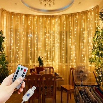 Гирлянда-Занавес Штора 6*3м 600 LED лампочек USB c Пультом для украшений окон, спальни, террасы Теплый свет