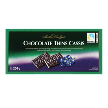 Шоколадные конфеты Maitre Truffout Chocolate Thins Cassis черный шоколад смородиновая начинка 200 г