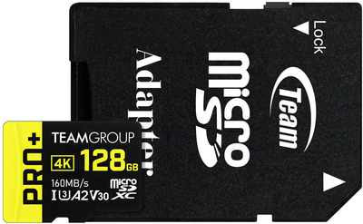 Карта памяти Team Pro+ MicroSDXC 128GB UHS-I U3 A2 V30 (DDR200) + SD adapter (TPPMSDX128GIA2V3003)