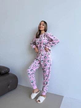 Женская пижама теплая домашний костюм COSY из велсофта Мяу-Лав брюки+свитшот 2XL розовая VEL011
